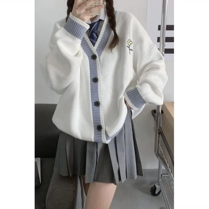 Autumn Winter Preppy Style Knitting Cardigan Women Simplicity Embroidered Solid Color Sweater Coat Sweet All-match Knitwear Tops