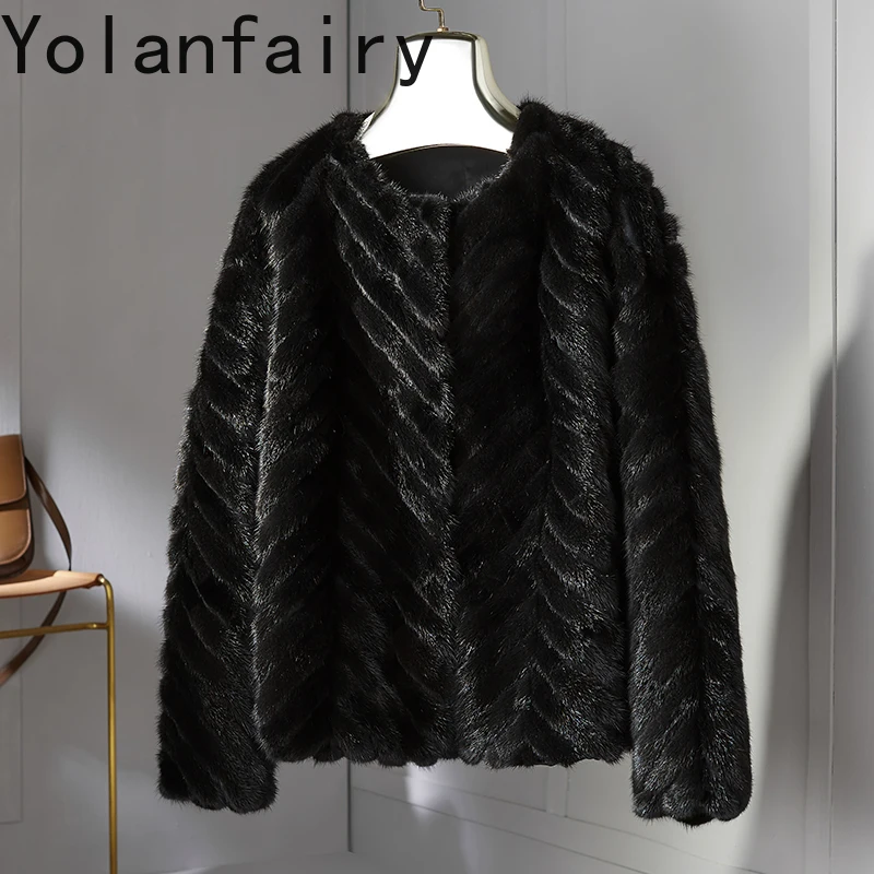 YOLANFAIRY سترة الفرو الحقيقي المرأة الخريف الشتاء الربط قطع معطف فرو المنك امرأة س الرقبة موضة مخطط معاطف الفرو الأسود