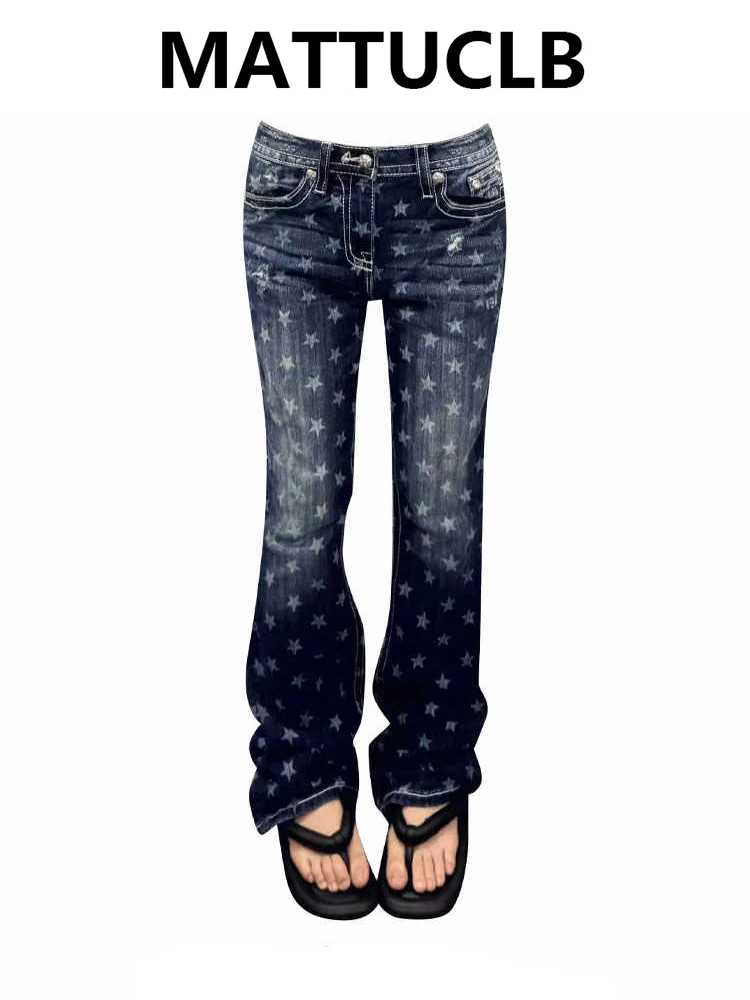 Women's Low Rise Skinny Jean Star Print Denim Juminocore Pants Abi Y2K Japanese Harajuku 2000s High Street American Retro Kpop