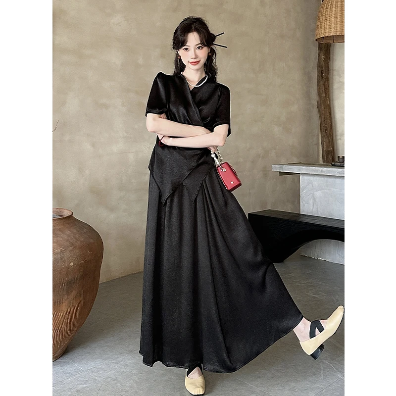 

New Summer Elegant Irregular Lace-up Tops+Skirts Women Two-pieces Dresses Korean Style Fashion Satin Long Dress Ladies Outfits