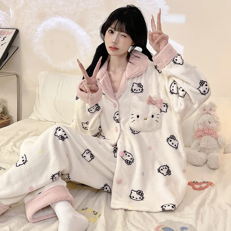 لطيف مرحبا كيتي الإناث الفانيلا منامة دعوى الخريف الشتاء الحلو الكرتون الفتيات طويلة الأكمام رشاقته الدافئة سترة صالة الملابس