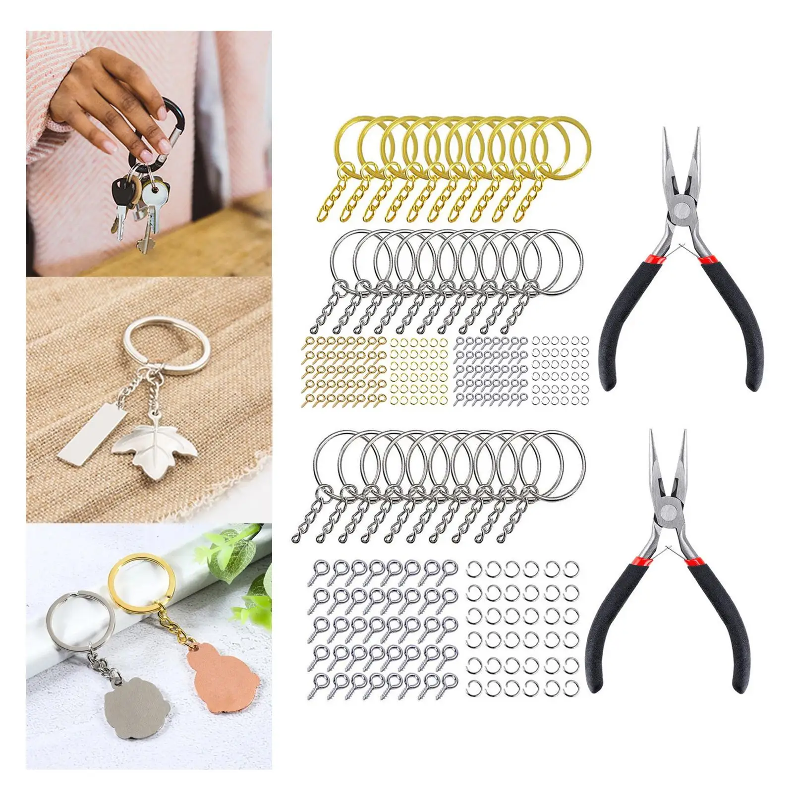 221x Keyring with Chain Kit Screw Eye Pins Pliers for DIY Ornaments Crafts