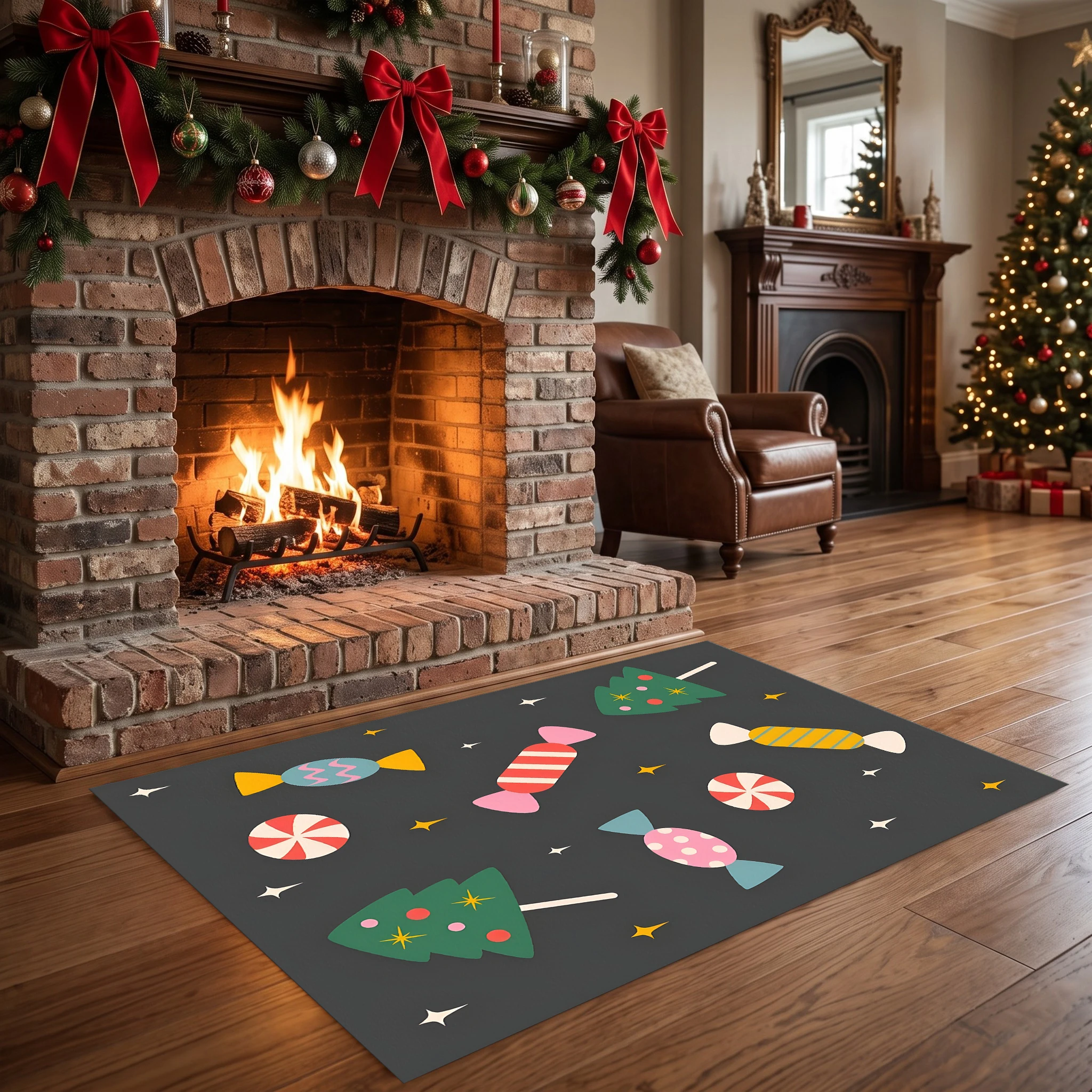 Velvet Rug Cartoon Christmas Candy Tree Star Print Cute Playful Style for Bedroom Entryway Living Room Home Decor
