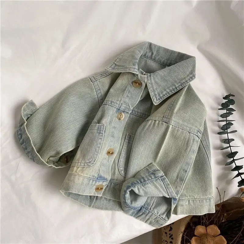 Spring and Autumn Boys Denim Jacket New Retro Old Denim Coat Girl Baby Flip Collar Cardigan Top Children's Clothing