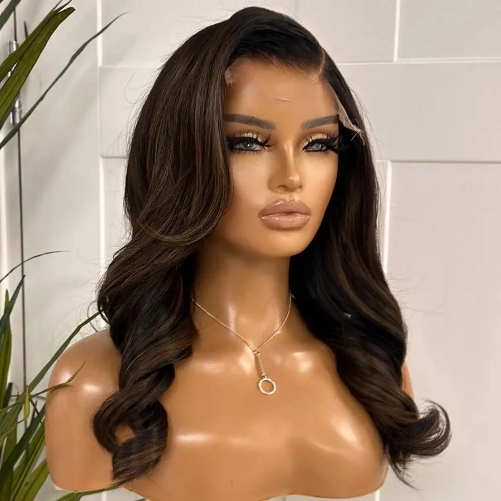 Ombre Dark Brown Body Wave Synthetic Lace Frontal Wigs Blonde Highlights Premium Fibre Adjustable Glueless Wigs Shoulder Length
