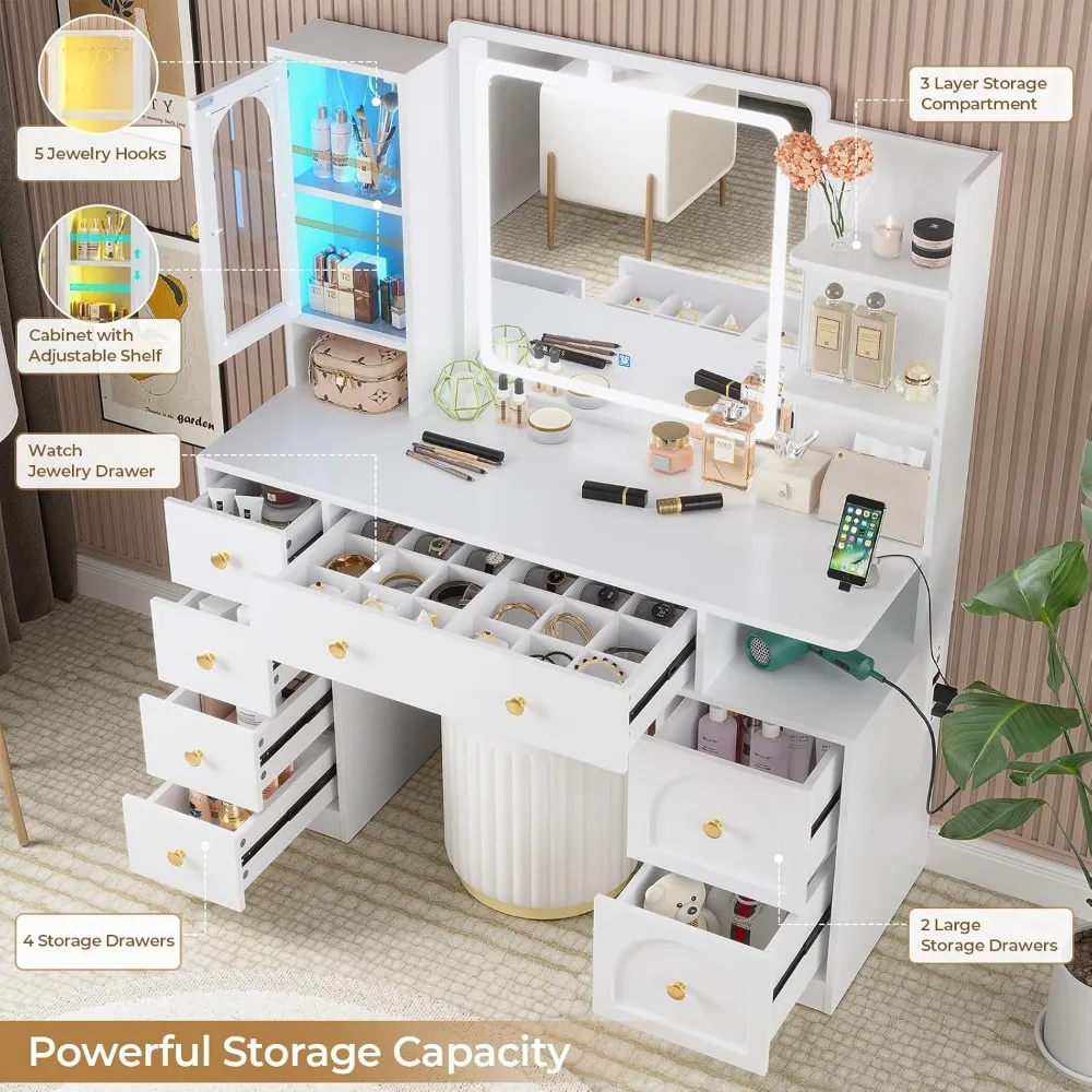 مكتب زينة أبيض مضيء مع 7 أدراج ومرآة ومنفذ شحن وخزانة زجاجية rgb #5