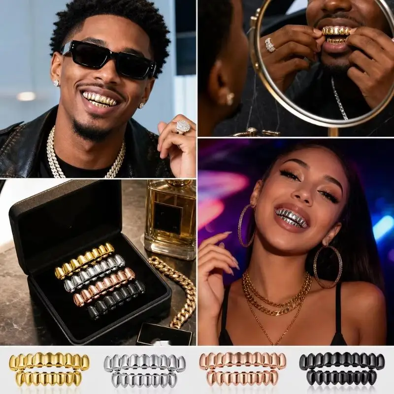 1/2 PCS Glossy Finish Eco Friendly Copper Top Bottom Teeth Grillz Set Anti Slip Silver Gold Teeth Jewelry Cosplay
