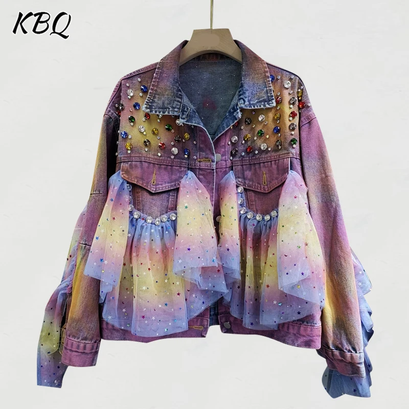 

KBQ Colorblock Patchwork Diamonds Chic Casual Denim Jackets For Women Lapel Long Sleeve Spliced Single Breated Coats Female New