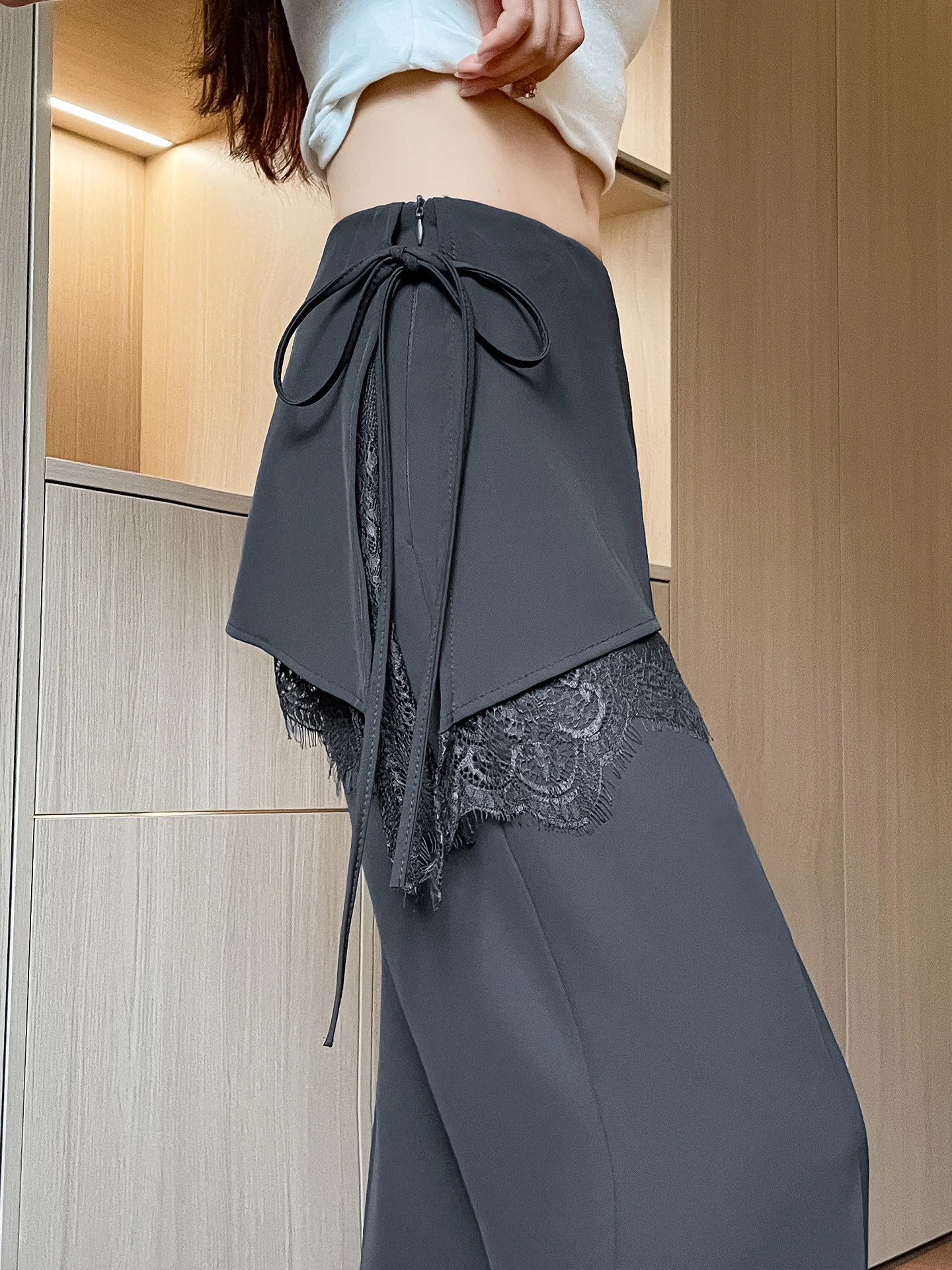 

Ice Silk Lace Side Zipper Women's Summer Pants Draping Narrow Suit Wide Leg Pants High Waist Straight Cut Casual Trousers