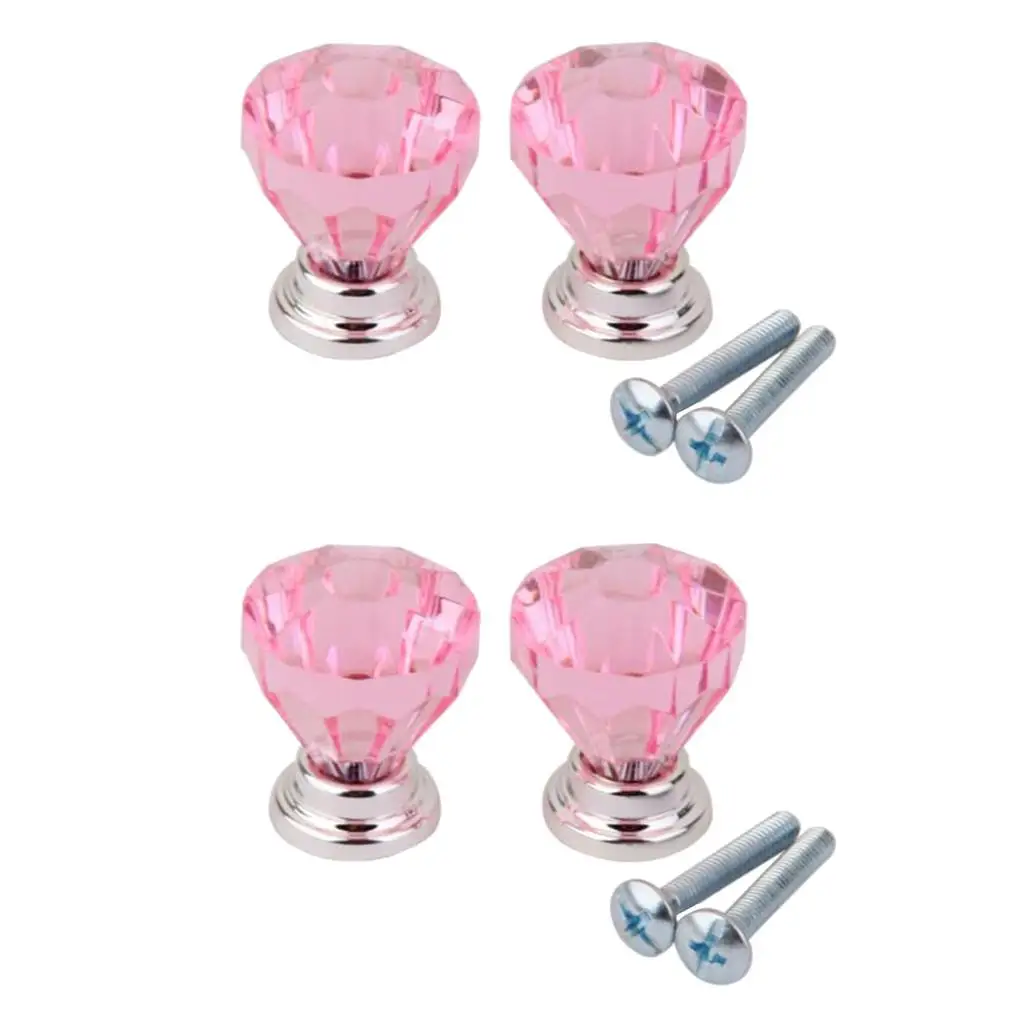 4Pieces Diamond Shape Crystal Glass Cabinet Door Drawer Pull Handle Pink