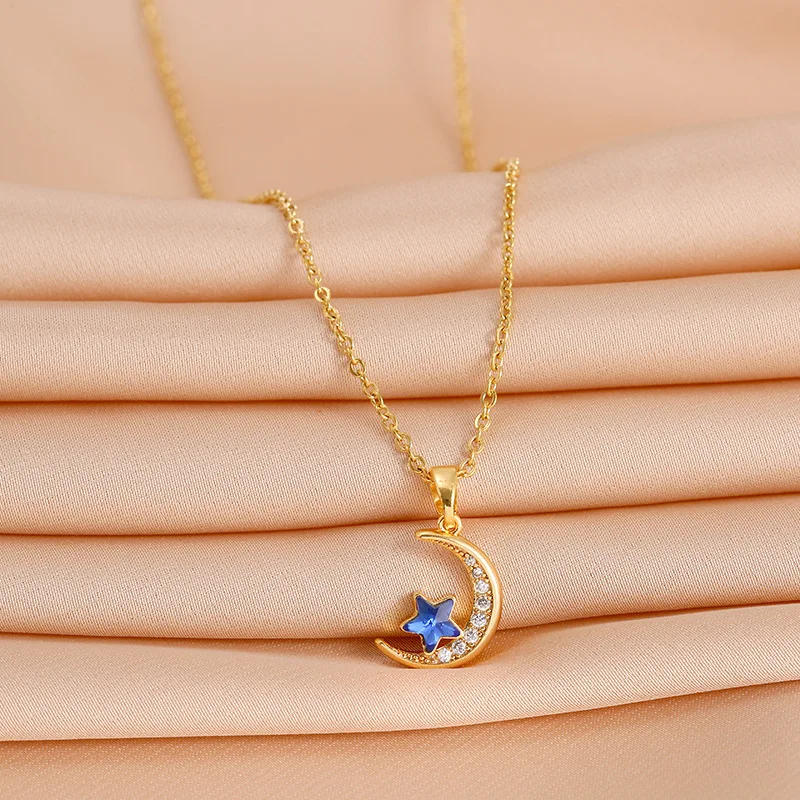 Moon Necklace for Women Bule Star Pendant Female Gold Color Stainless Steel Necklace Korean  Luxury Elegant Simple Style Cute