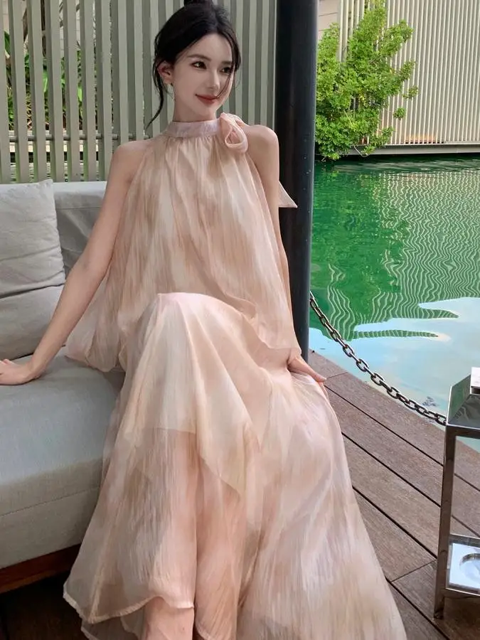 

Elegant Chinese Style Half Skirt Top And Neck Hanging Dyeing Two-Piece Set Summer Ladylike Comfortable Cotton Loose Fit Frenc...