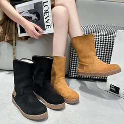 2024 New Shoes for Women Slip on Women' Boots Winter Round Toe Solid Flock Plush Warm Comfortable Low-heeled Mid Calf Snow Boots