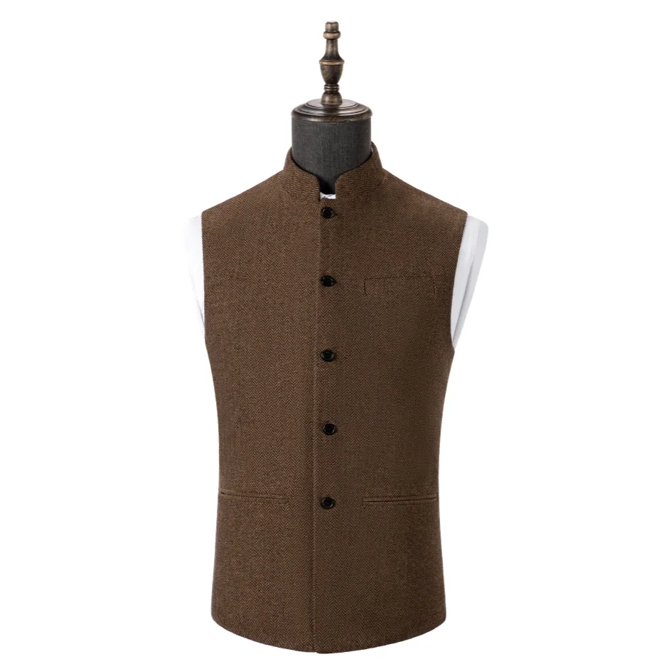 Men's Vintage Herringbone Stand Collar 5 Button Slim Fit Formal Waistcoat