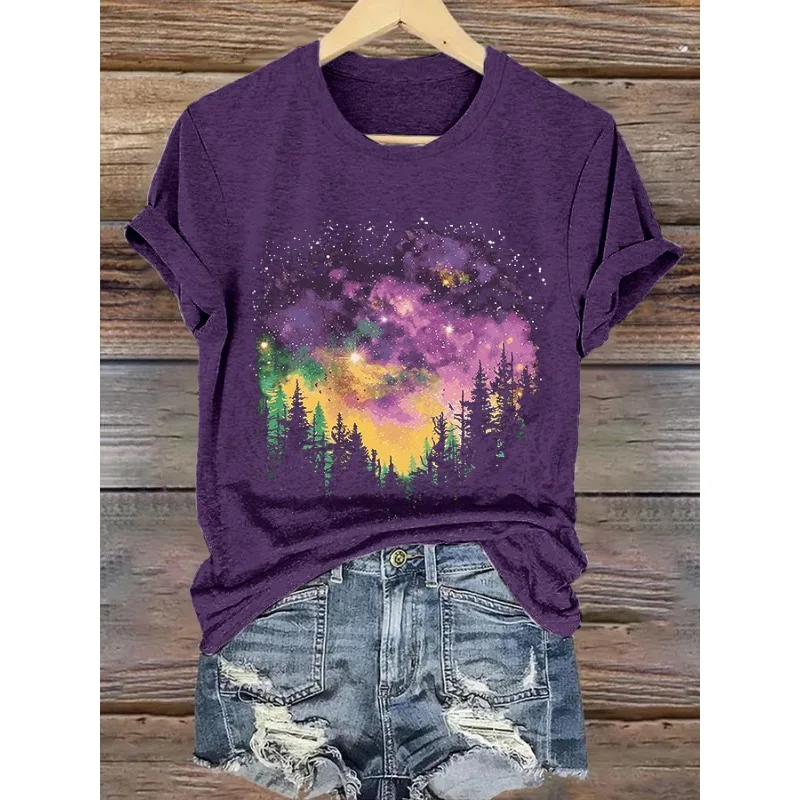 ilstile Women's Forest Star Print T-Shirts Summer Short Sleeve Casual Round Neck Tops White Black Blue Green Tees New Arrival