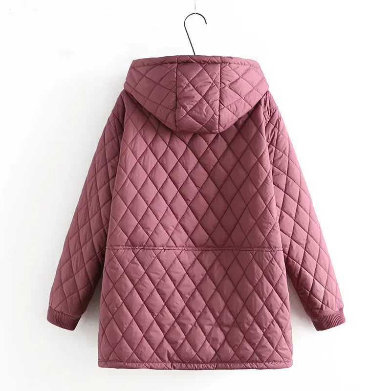 Plus Size Parkas Women Clothing Winter Middle Aged Wadded Jacket Hooded Argyle Thick Fleece Liner Warm Padded Coat 2024