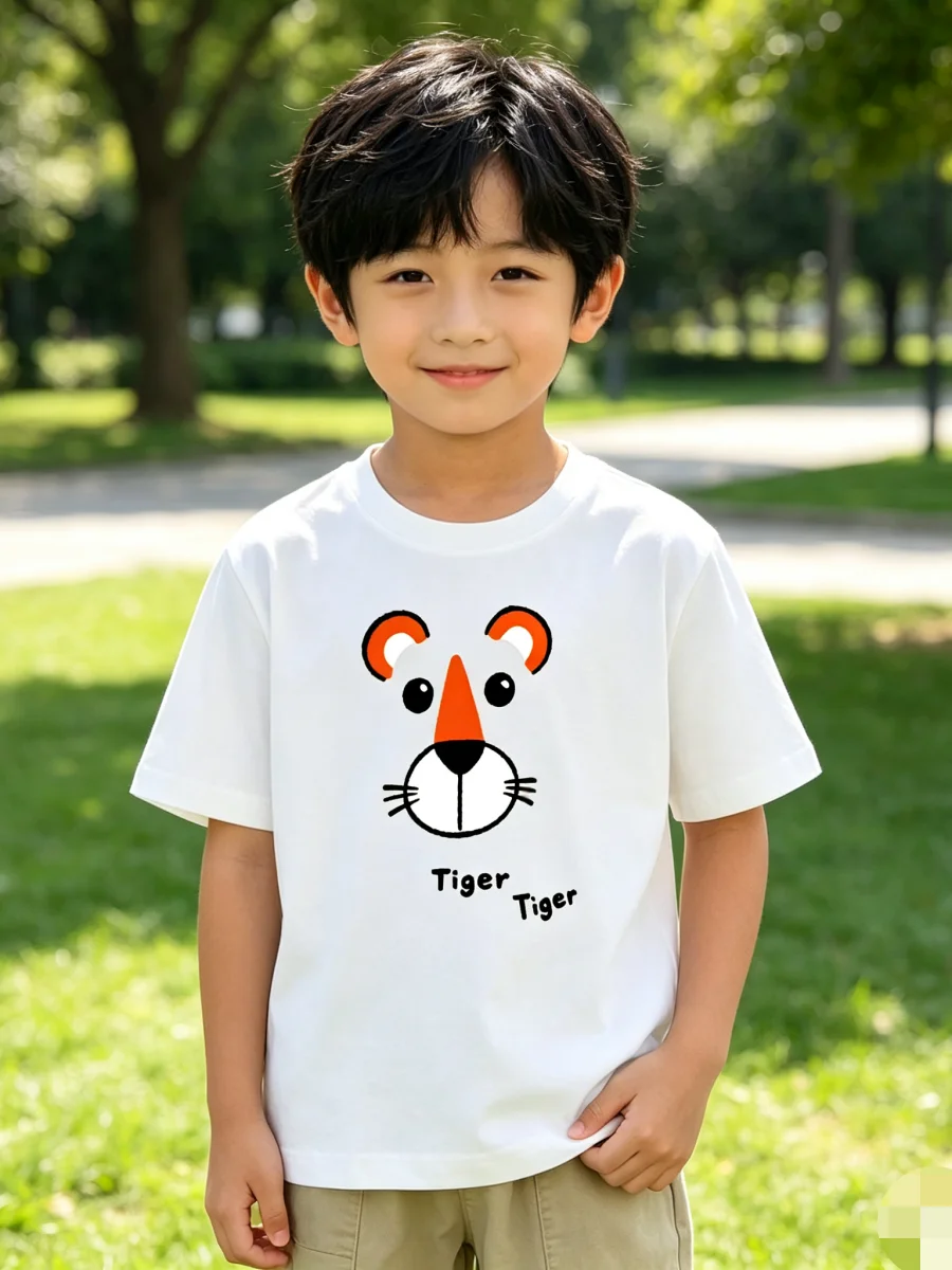 Cartoon Tiger Print T Shirt for Kids Boys Girls Short Sleeve Round Neck Cotton Casual Family Matching Summer Top