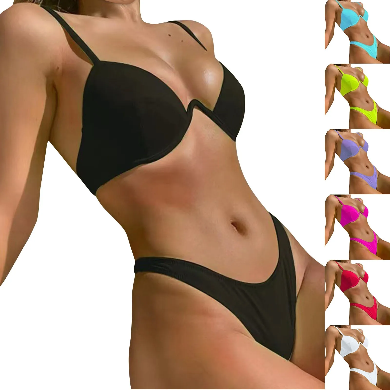المرأة انقسام بيكيني مجموعة مثير عارية الذراعين مشبك الصلبة ملابس السباحة الشاطئ أزياء كلاسيكية بسيطة مجموعة البكيني مع ملخصات السباحة عالية الخصر