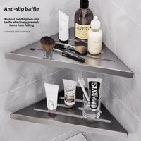 Bathroom Triangle Drain Shelf, No Drilling Wall Mounted Cosmetic and Toiletries Hollow Carbon Steel Shelf with Hooks