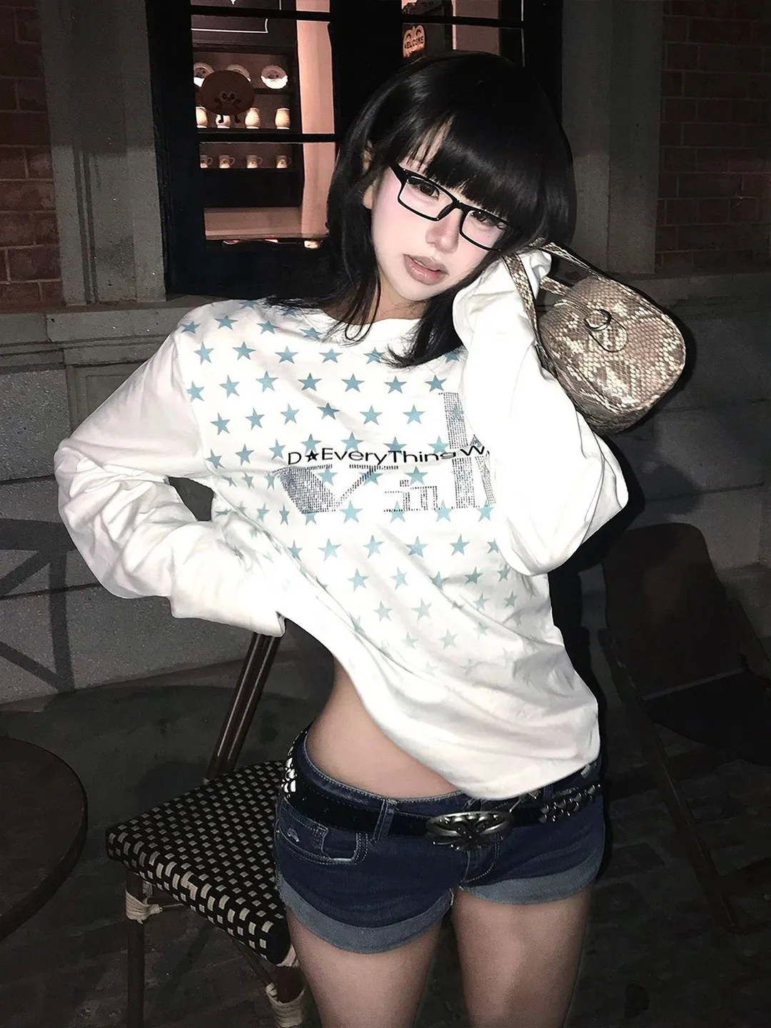 Loose Long Sleeve Women's T-shirt Star Pattern Street Style Light Y2K Early Autumn New Style Inner Wear Base Shirt White