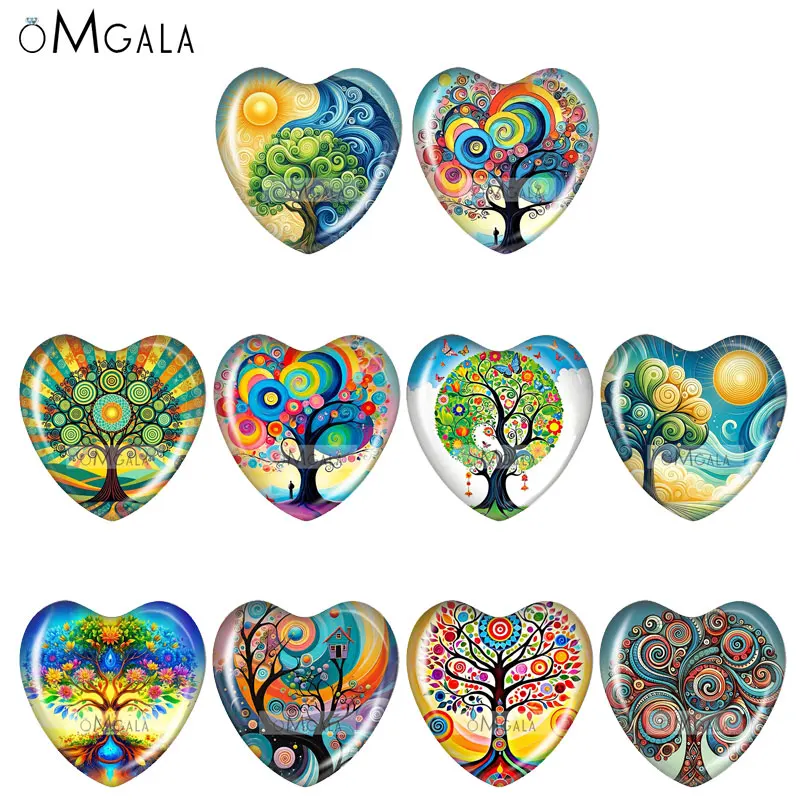 Diseños artísticos de árboles de la vida en colores variados, de 10 a 25 mm, con forma de corazón y base plana, para crear joyas y accesorios de pulseras.
