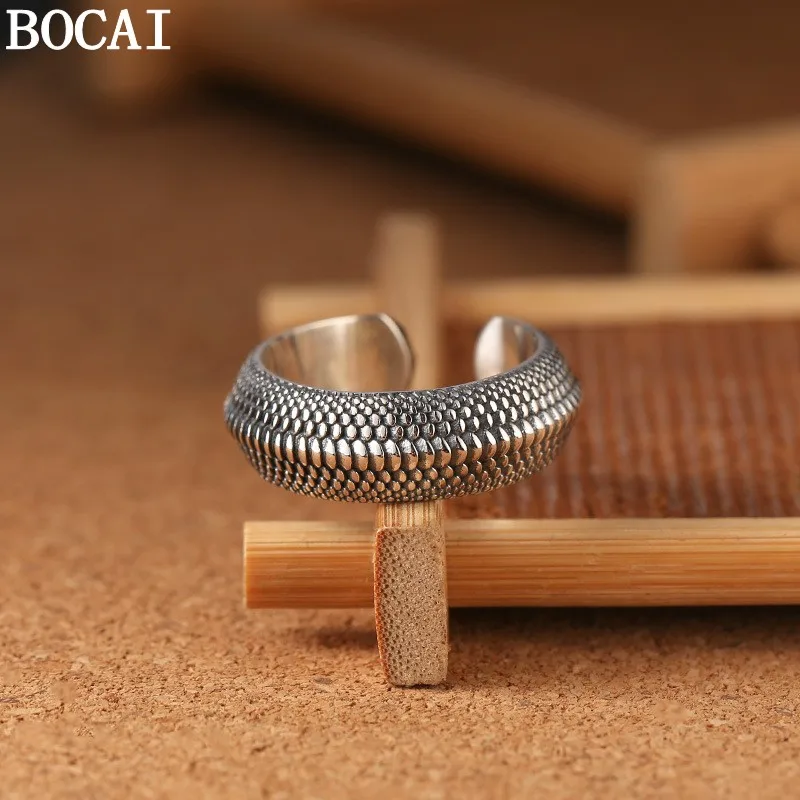 BOCAI New S925 Sterling Silver Jewelry Vintage Versatile Dragon Scale Ring Men's Selected Gift