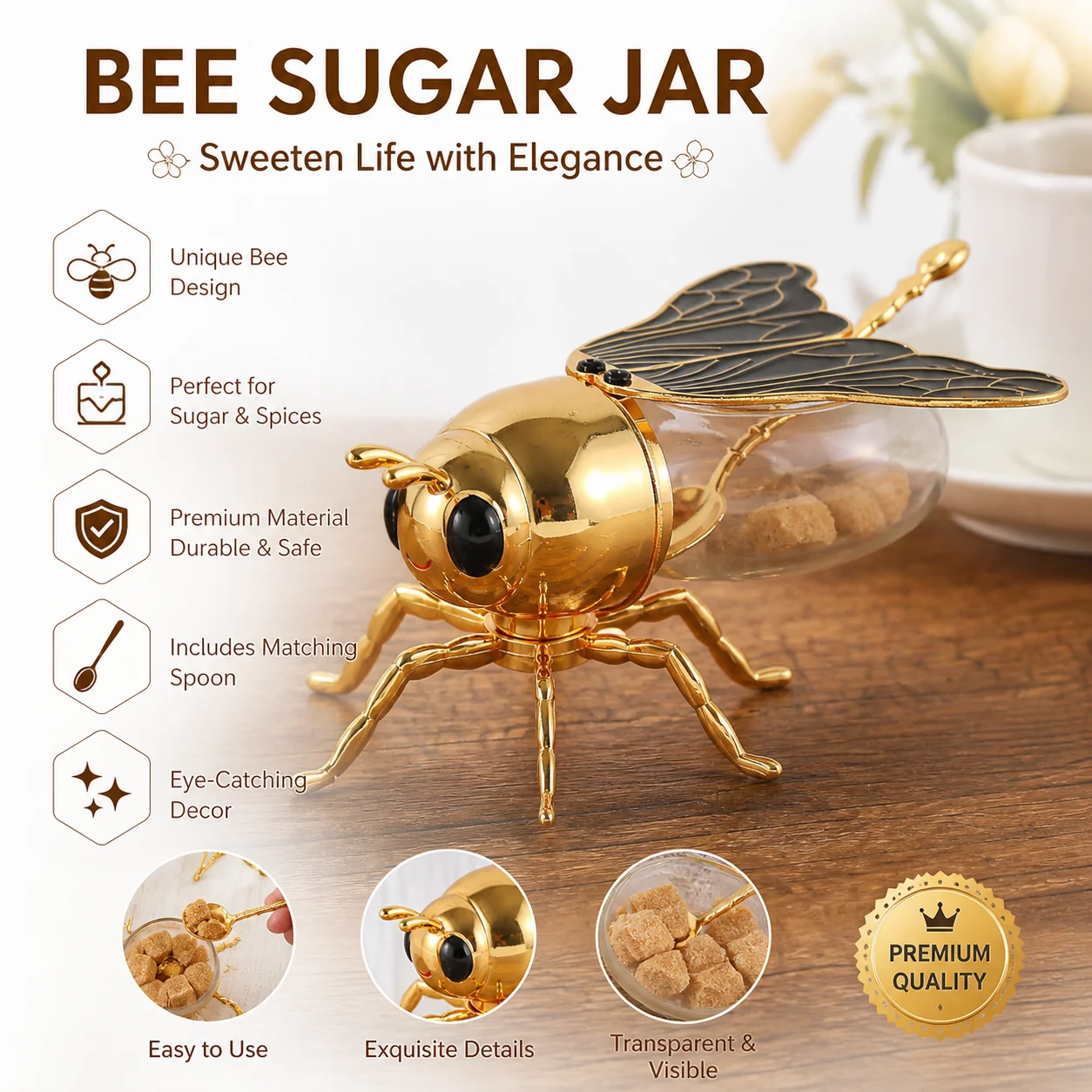 

Luxurious Bee Honey Jar Zinc Alloy Spice Pot Decorative Sugar Bowl with Spoon European Style Tabletop Seasoning Storage Ornament