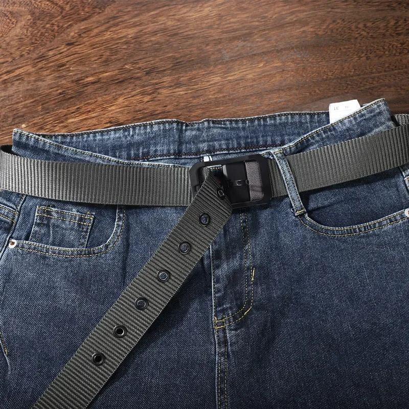 Trimmable canvas belt for men, adjustable porous needle buckle belt for youth workwear, casual and elongated jeans belt
