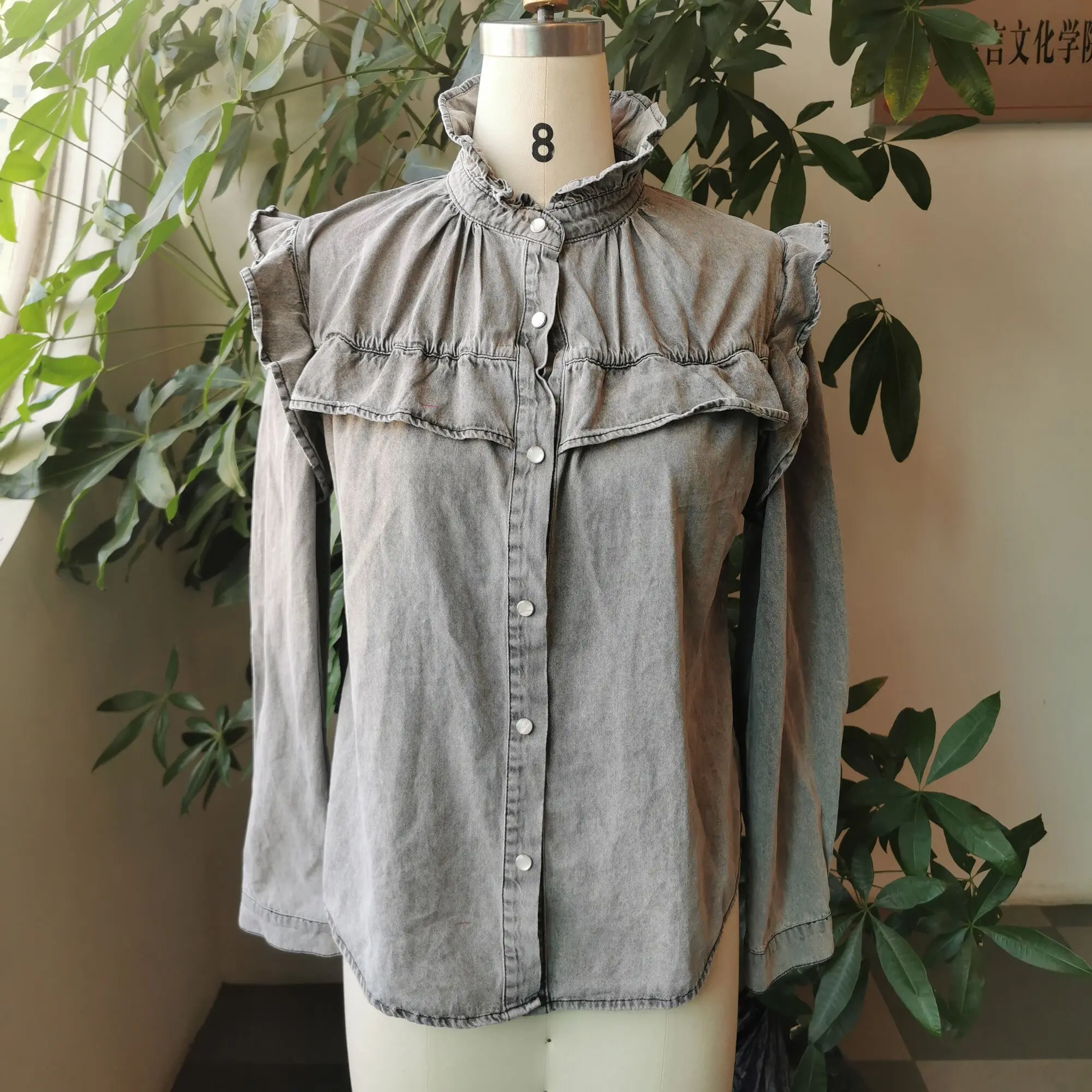 Cute Stand Collar Denim Shirt Women Button Down Jean Tops Kawaii Casual Ruffle Female Elegant Blouse Fall Clothes Vintage Shirts