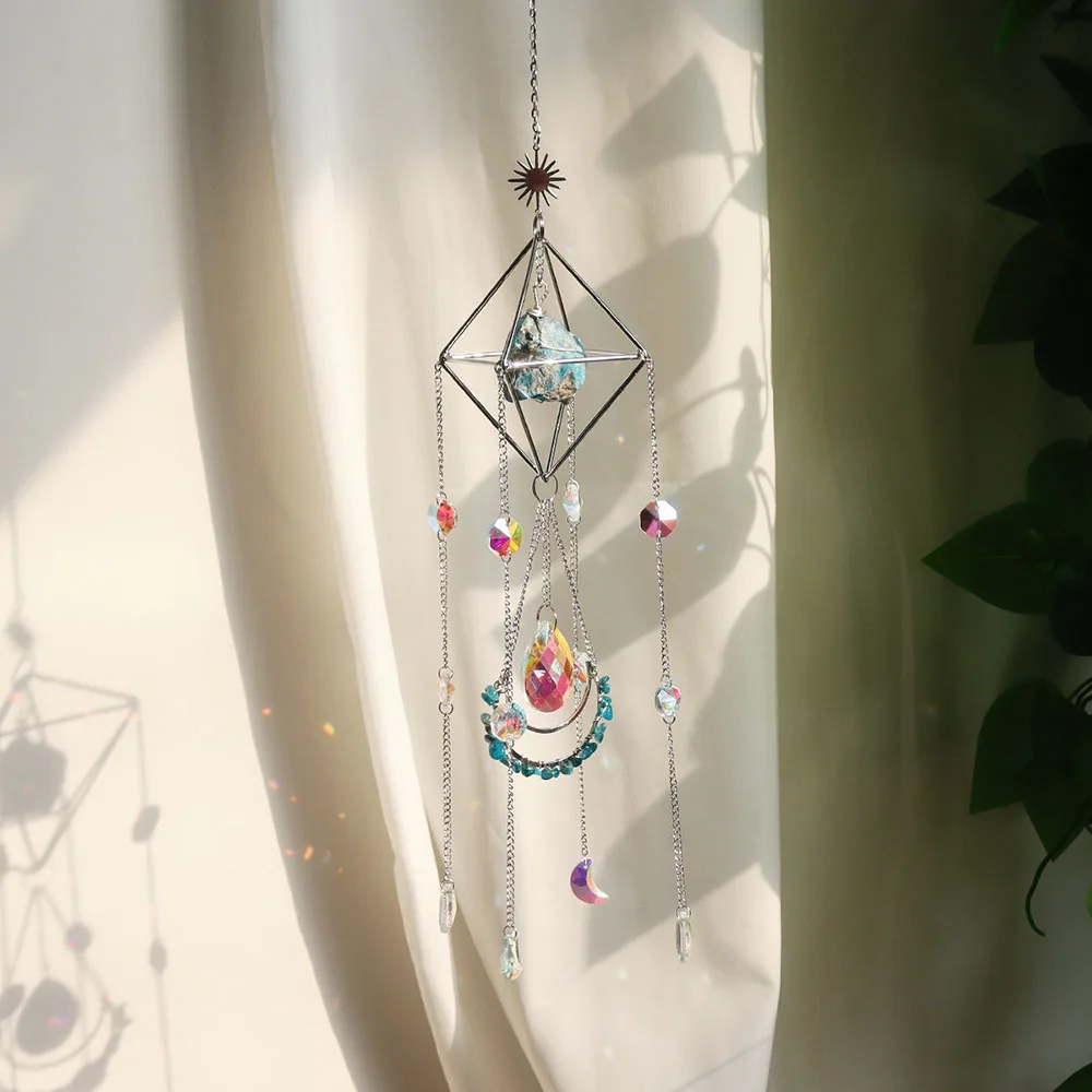 Custom Silver Geometric Frame Raw Blue Apatite Stone Crystal Sun Catcher - Glass Pendants Hanging Ornament for Window Decor
