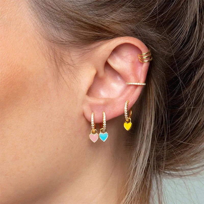 Simple Cute Pink/Purple/Yellow/Blue Color Enamel Heart Round Shaped CZ Hoop Earrings for Women INS Korean Style Jewelry