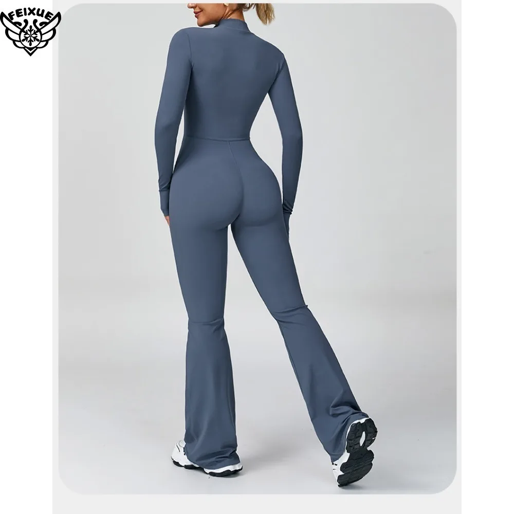 جديد الخريف/الشتاء المرأة قطعة واحدة اليوغا بذلة طويلة الأكمام الجبهة زيبر عالية الكثافة اللياقة البدنية مضيئة ارتداءها تجريب الملابس #2