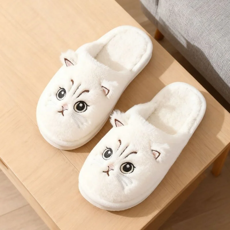 Solid Color Faux Fur Cat Home Slippers Couple Winter Warm Plush Soft EVA Slides Women Indoor Non-slip Sandals Adults Flip Flops image 3
