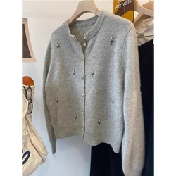 Autumn Winter Women Knit Cardigans Korean Fashion Single Breasted O-Neck Cozy Sweater Sweet Flower Embroidered Knitted Outerwear