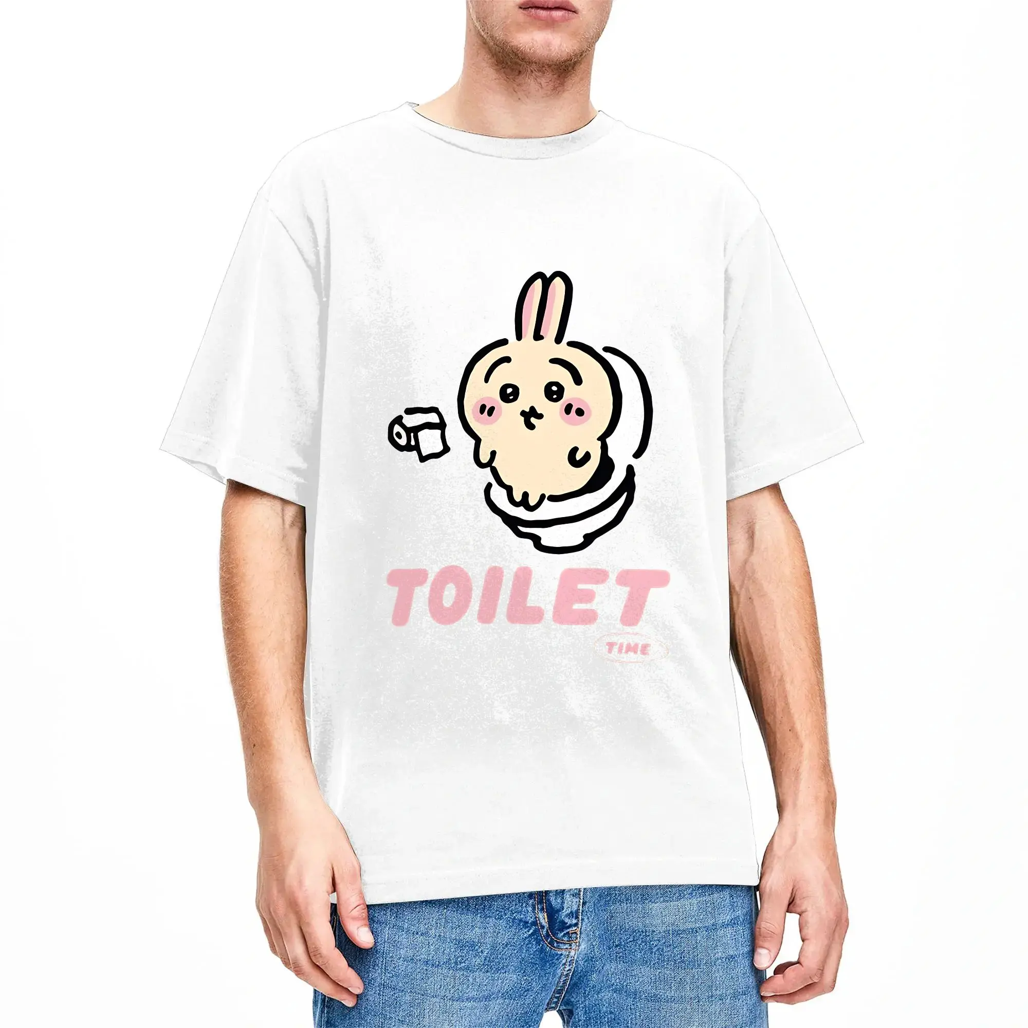 Chiikawas Usagi Toilet Time  Cotton T Shirt For Man Summer  Awesome T-Shirts Hip Hop Tee Shirt Oversized Casual Clothes