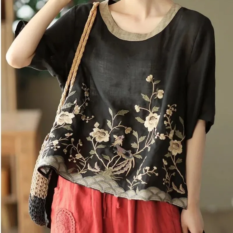Cotton Linen Embroidered Floral Blouses Women's Chinese Classic Loose Shirt Top Casual Retro O Neck Short Sleeve Summer Shirts