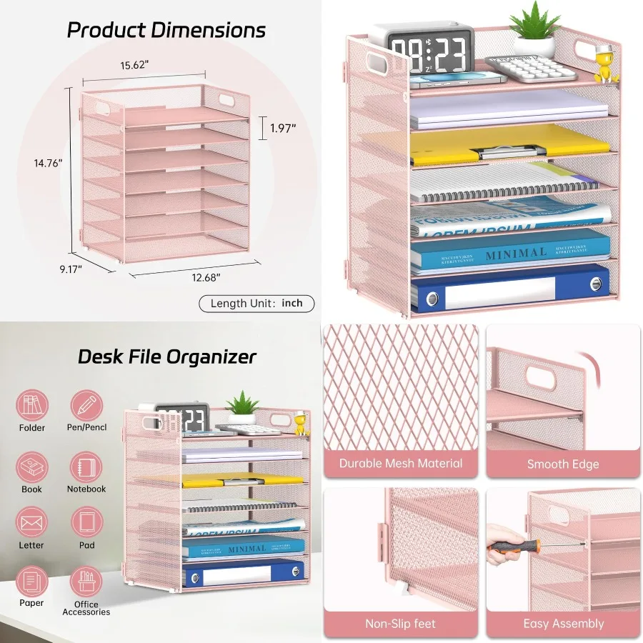 منظم ورق من 7 طبقات بتصميم شبكي ومقابض لتخزين سطح المكتب بكفاءة في إعدادات المكتب والمدرسة - أسود وردي - #1