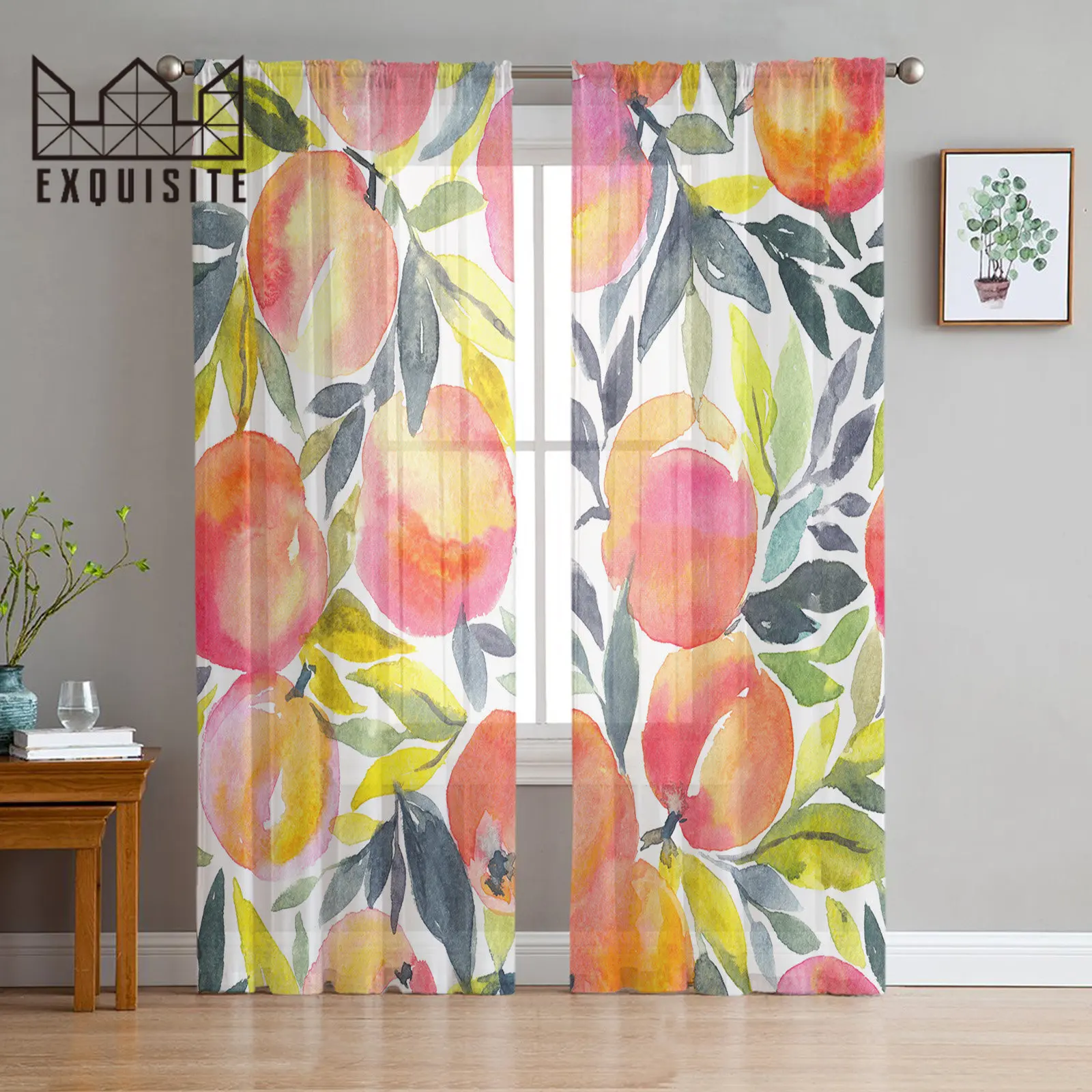 Peach Leaves Watercolour Tulle Curtain for Living Room Bedroom for Balcony Sheer Curtain Modern Home Decorative Tulle Curtain