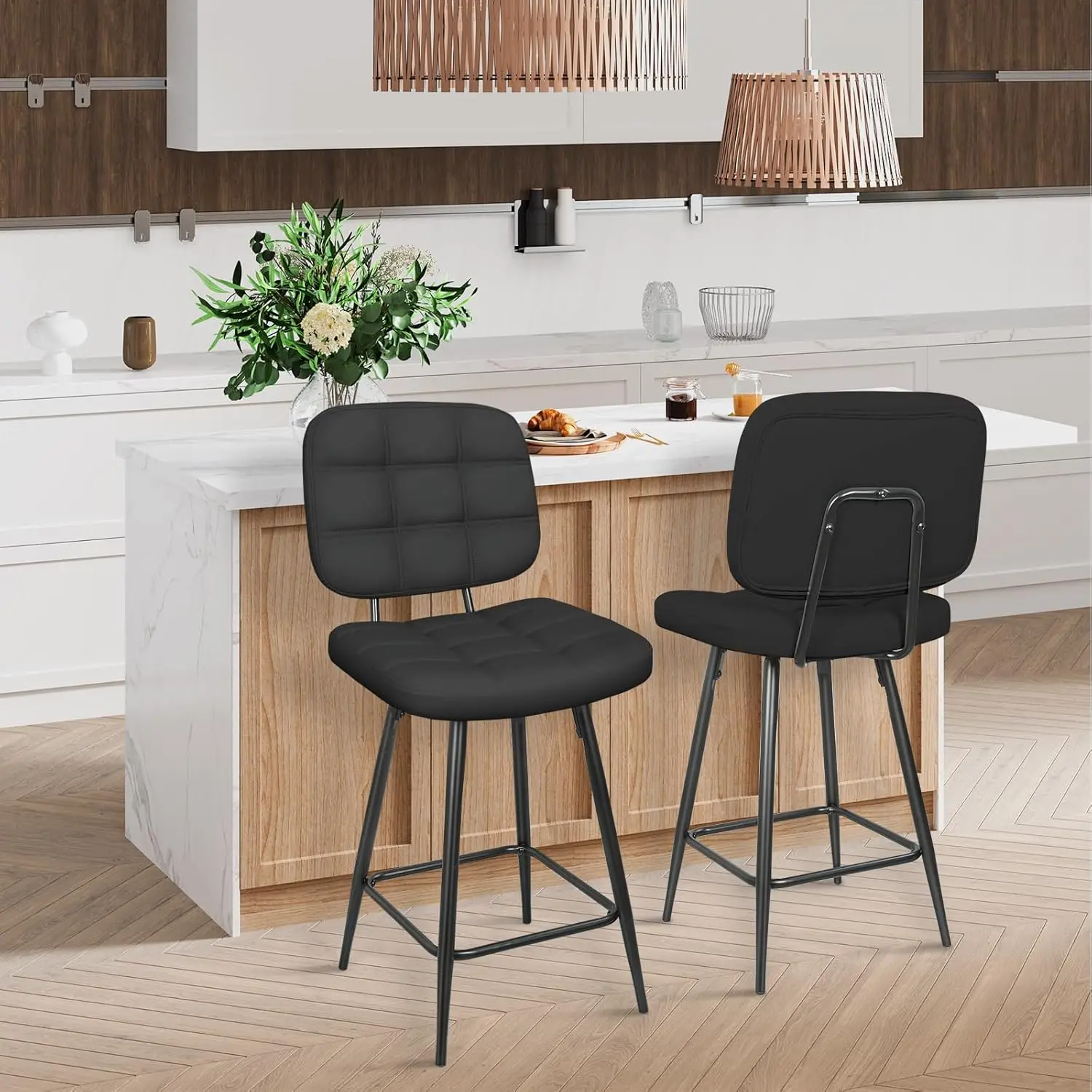 Bar Stools Set Of 2, 24 H Upholstered Metal Barstool With Ba And Footrest, Bar Chair With Metal Base For Dining Room Counter