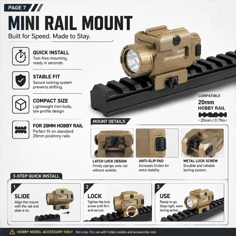 Tan All Metal Rail Mount LED Torch Multi Strobe Modes Type-C Recharge Hobby Game Illumination Light With Tool & Dust Bag