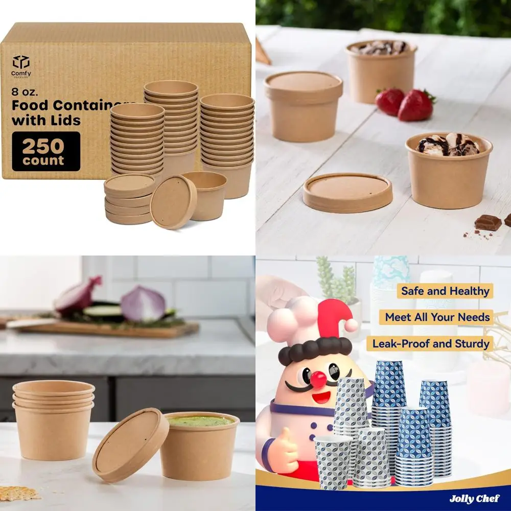 

Disposable 8 oz. Kraft Paper Food Containers with Vented Lids - Bulk Case of 250, Ideal for To-Go Hot Soup and Ice Cream