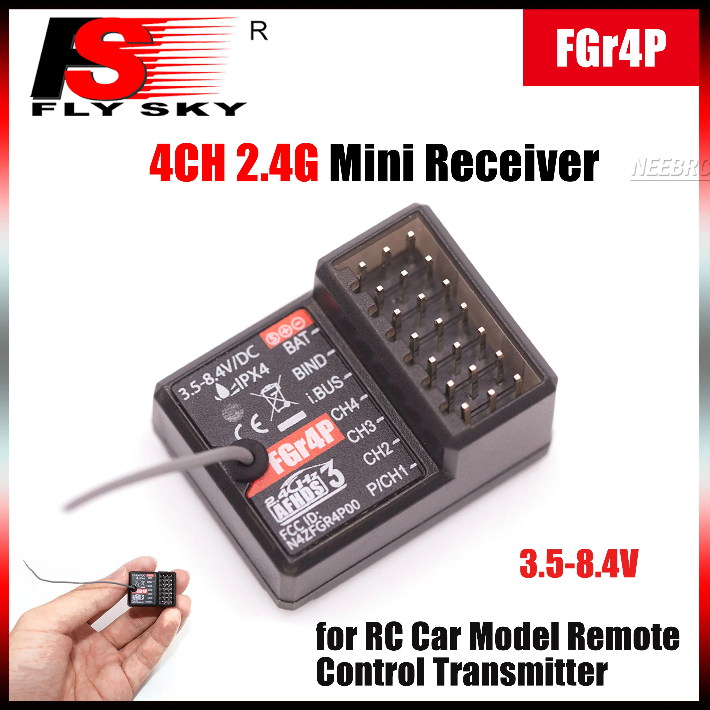 

FLYSKY FGr4P 4CH 2.4G Mini Receiver Single Antenna AFHDS3 Remote Radio System 3.5-8.4V for RC Car Model Controller Transmitter