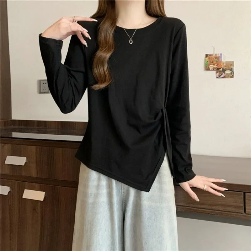 Women Side Split Long Sleeve T Shirt Irregular Ruched Slim Casual Inner Top For Autumn Winter