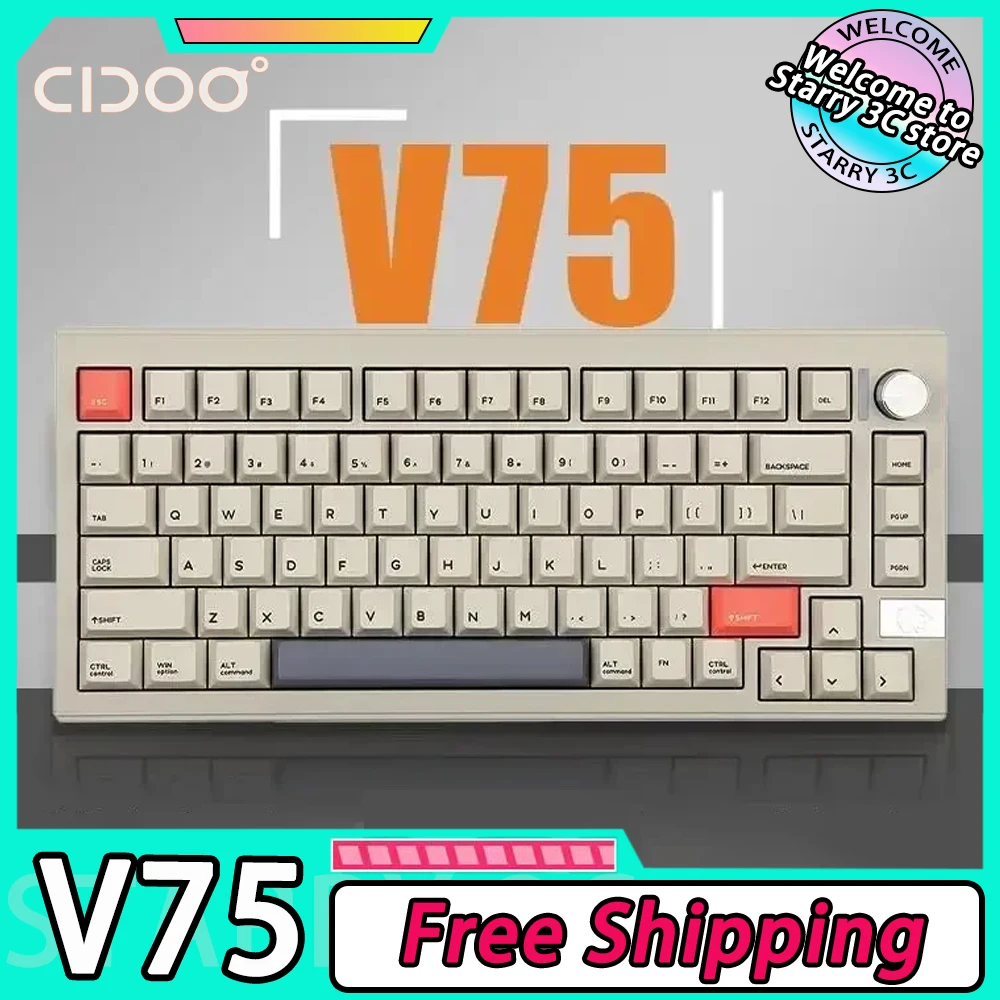 

Cidoo V75 Mechanical Keyboard Multifunctional Knob Aluminium Alloy Tri Mode Wireless Gaming Keyboard RGB Hotswap Support VIA Win