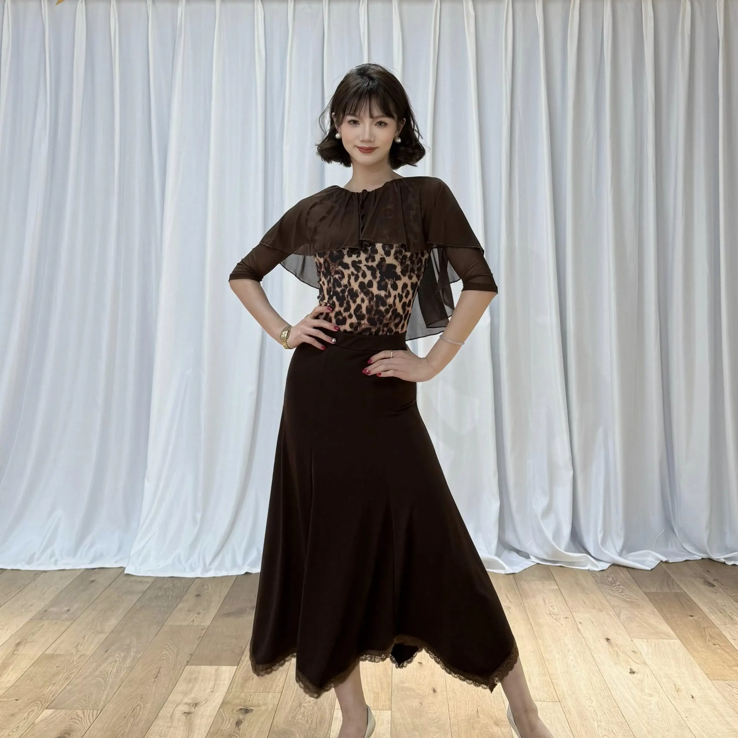 

Ballroom Dance Clothes Women Waltz Dance Practice Clothing Leopard Tops Brown Skirt Club Dance Wear Performance Costume BL15875