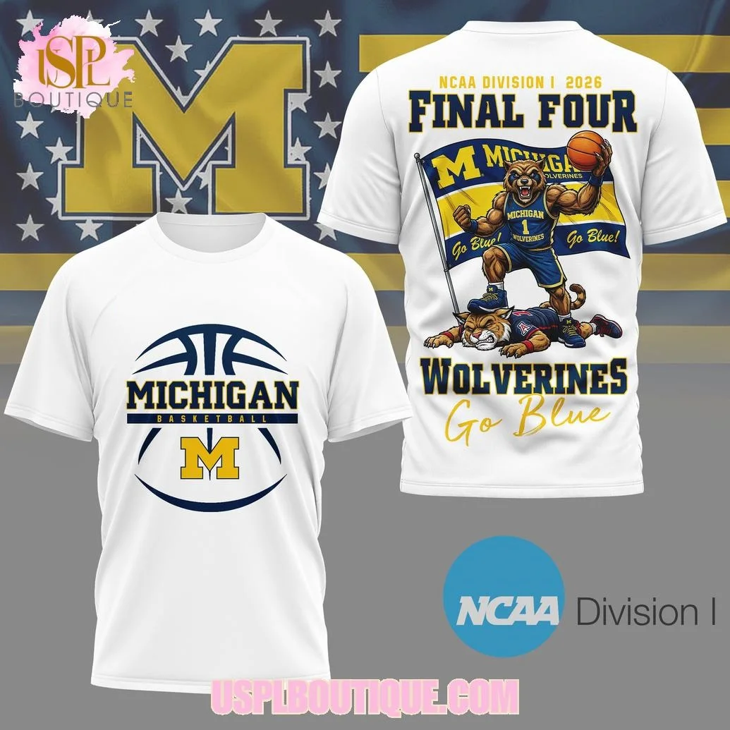 Camiseta Familiar Michigan Wolverines 2026 NCAA Final Four "Go Blue" com Mascote, Ideal para Uso Diário e Treino
