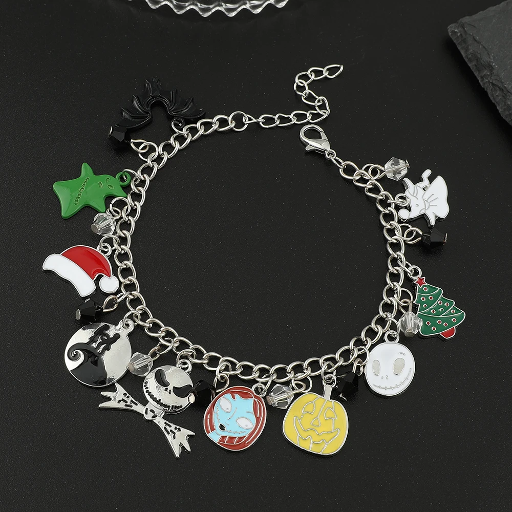 Disney Movies The Nightmare Before Christmas Charms Bracelet Jack Skellington Skull Enamel Pendant Women Cosplay Jewelry Gift