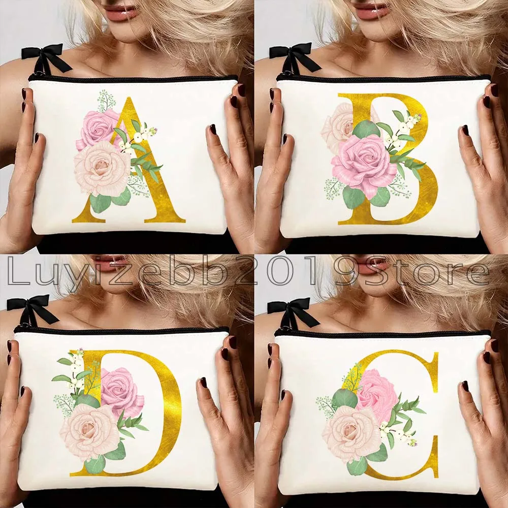 

Golden Floral Monogram Initial Letter Flowers Alphabet Gifts Canvas Cosmetic Bags Makeup Brush Organizer Cotton Pouch Toilet Bag
