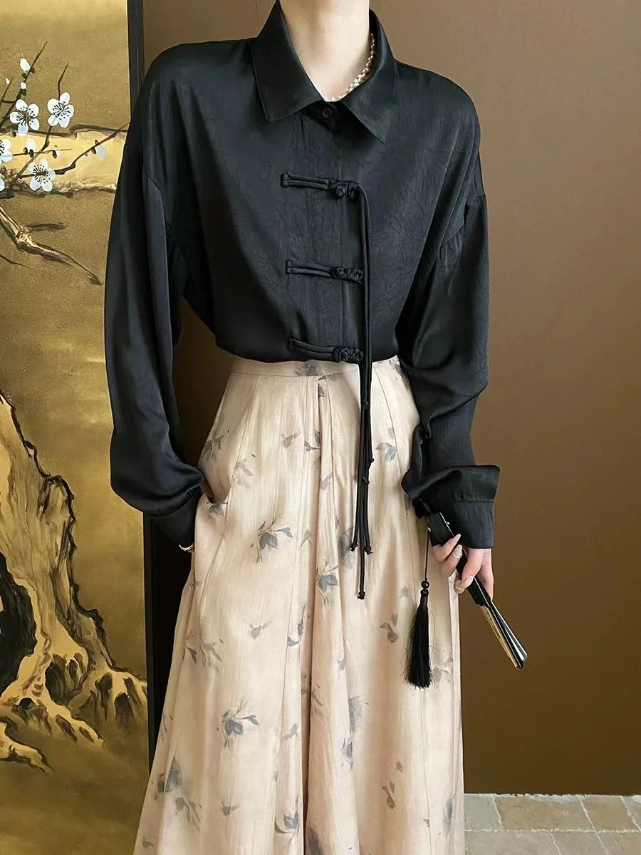 

Chinese National Style Tassels Buckle Satin Jacquard Versatile Solid Color Shirt Early Spring New