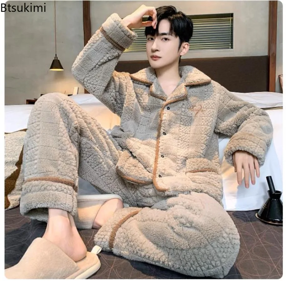 أطقم بيجامات شتوية للرجال من الصوف المرجاني سميكة دافئة بأكمام طويلة بنطلون ملابس نوم 2 قطع ملابس منزلية مريحة من الفلانيل الحراري #6